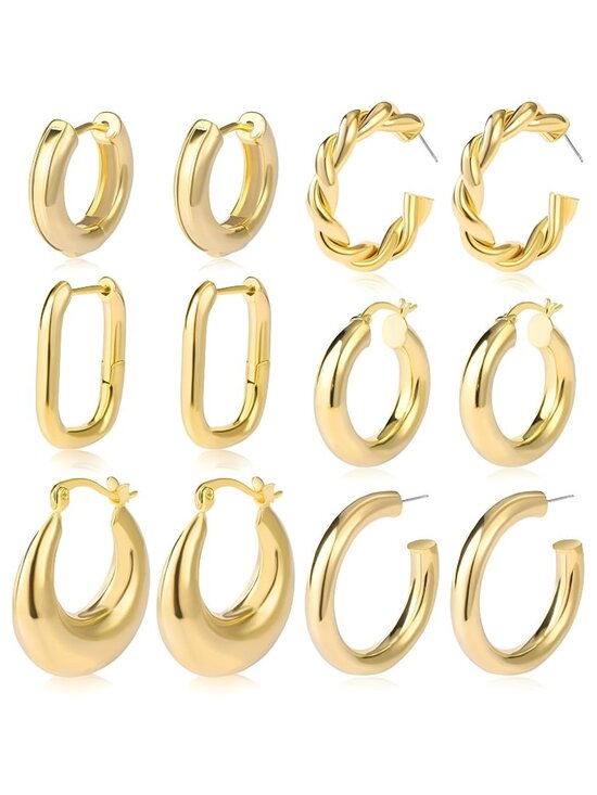 Jewelry - 6 Pairs Chunky Gold Hoop Earrings Set for Women 14K Gold Plated Hypoallergenic